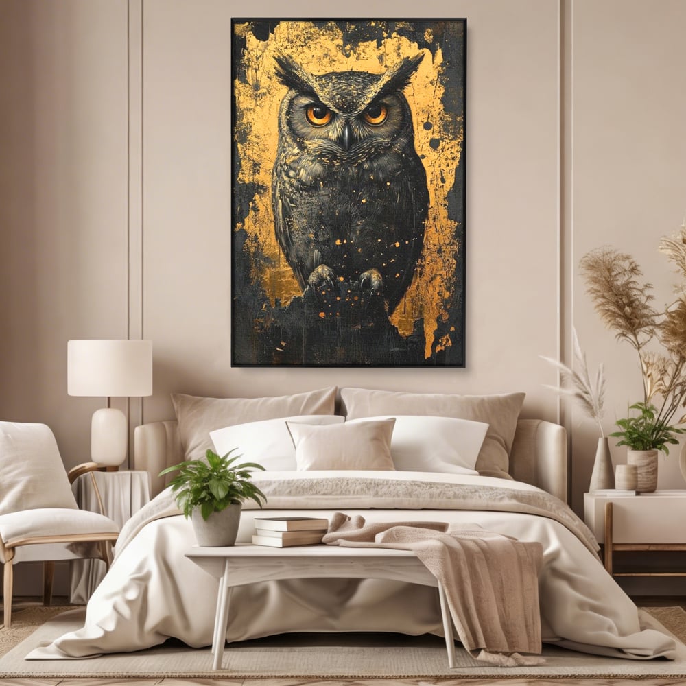 Tablou canvas cu tablou canvas cu bufnita neagra si fundal auriu, in rama de aluminiu negru, pe perete intr-un dormitor